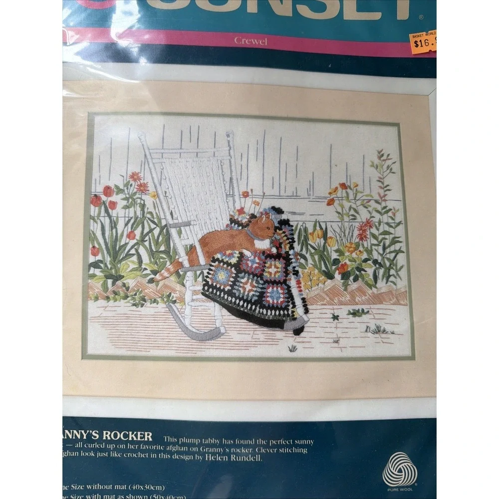 VTG Sunset Crewel Embroider‎ Kit 11059 Cat Kitty In Granny's Rocker Afghan Quilt